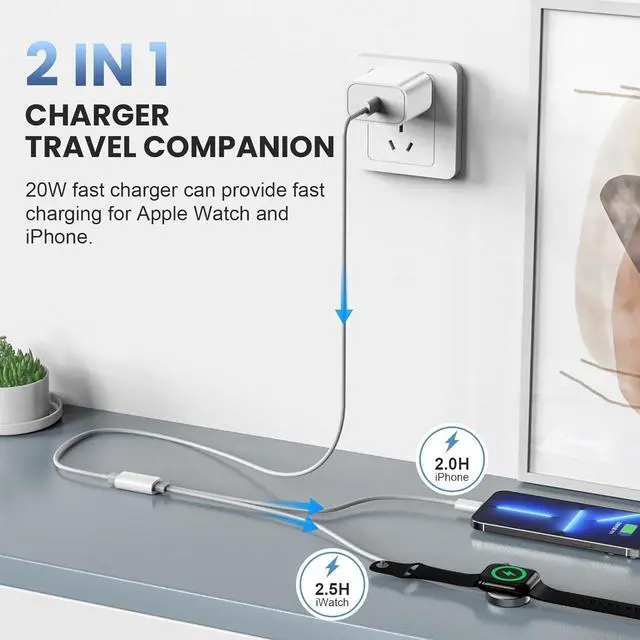 Alt view image 2 of 6 - Upgraded 2-in-1 Apple Watch Charger and iPhone Charger with Fast USB C Charging Cable [Apple MFi Certified] 20W Wall Charger Block - for Apple Watch Series SE/10/9/8/7/6&iPhone 14/13/12/11