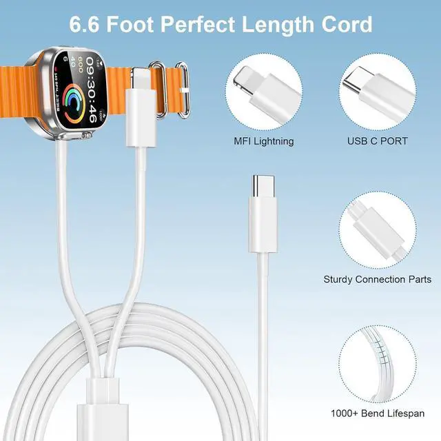 Alt view image 3 of 6 - Upgraded 2-in-1 Apple Watch Charger and iPhone Charger with Fast USB C Charging Cable [Apple MFi Certified] 20W Wall Charger Block - for Apple Watch Series SE/10/9/8/7/6&iPhone 14/13/12/11
