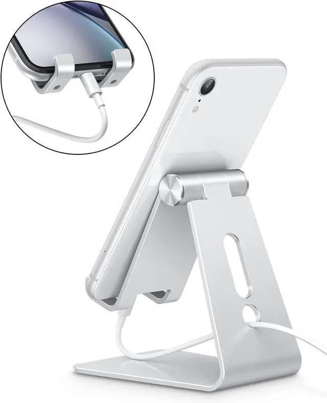 Alt view image 3 of 5 - Adjustable Cell Phone Stand, OMOTON Aluminum Desktop Cellphone Stand with Anti-Slip Base and Convenient Charging Port, Fits All Smart Phones, Silver