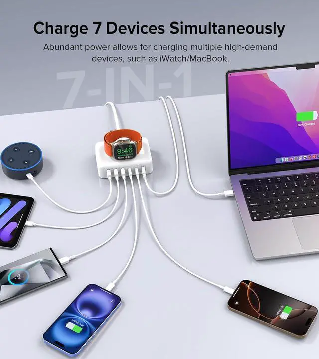 Alt view image 6 of 7 - 170W USB C Charging Station Block, Travel Charger for Multiple Devices, USB C Charger Plug for iPhone 16 15 14 13 12 Series, Apple Watch Ultra SE 10 9 8 7 6 5 4 3 2, AirPods, MacBook Pro Air, iPad