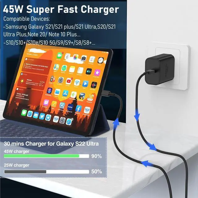 Alt view image 5 of 7 - 2Pack 45W Charger for Samsung Super Fast Charger Type C, USB C Super Fast Charging for Samsung Galaxy S23 Ultra/S23/S23+/S22/S22 Ultra/S22+/Note 20/S20/S21, Galaxy Tab S7/S7 Galaxy A, PPS Charger