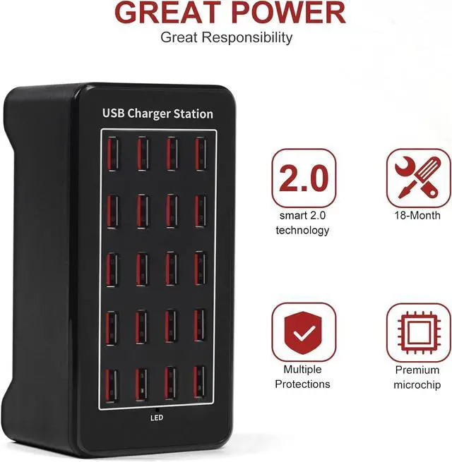 Alt view image 7 of 7 - 20-Port 100 W(20 A) Multiple USB Charger StationRISWOJOR Multiport USB Charging Station with Intelligent Detection, Compatible with Smartphones, Tablets, and More Devices