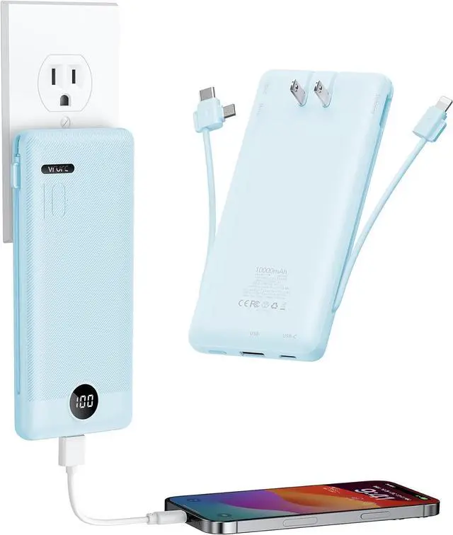 Main image of VRURC Portable Charger with Wall Plug and Cables, 10000mAh Power Bank with 22.5W Fast Charging USB Port,4 Outputs Dual Inputs Slim Compact Rechargeable Battery Pack Travel Accessories-Blue(1 Pack)