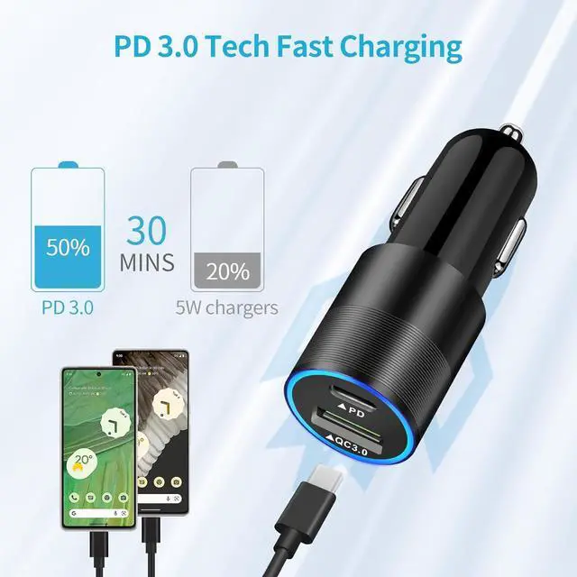 Alt view image 4 of 7 - USB C Fast Charger Kit for Google Pixel 9/9 Pro XL/8/8 Pro/7/7 Pro/6a/6 Pro/6/5a/4, Samsung Galaxy S24, Looptimo 30W PD&QC 3.0 Car Charging Adapter + 20W Wall Charger Block + 2 Pack Type C Cable 3.3ft