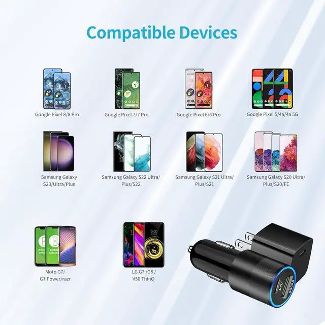 Alt view image 3 of 7 - USB C Fast Charger Kit for Google Pixel 9/9 Pro XL/8/8 Pro/7/7 Pro/6a/6 Pro/6/5a/4, Samsung Galaxy S24, Looptimo 30W PD&QC 3.0 Car Charging Adapter + 20W Wall Charger Block + 2 Pack Type C Cable 3.3ft