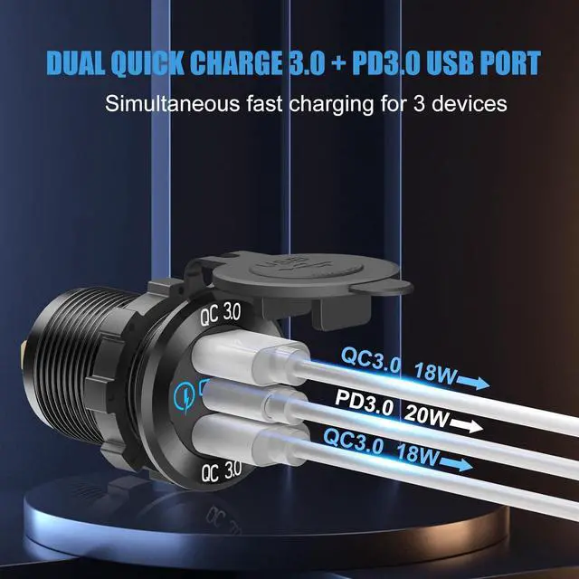 Alt view image 2 of 7 - 12V USB Aluminum Car Charger Socket PD 3.0 Type C and Dual Quick Charge 3.0 USB Port Multiple Waterproof 12V/24V USB Outlet with Touch Switch Fuse Wire Kit for Car Boat Marine RV Motorcycle, etc.
