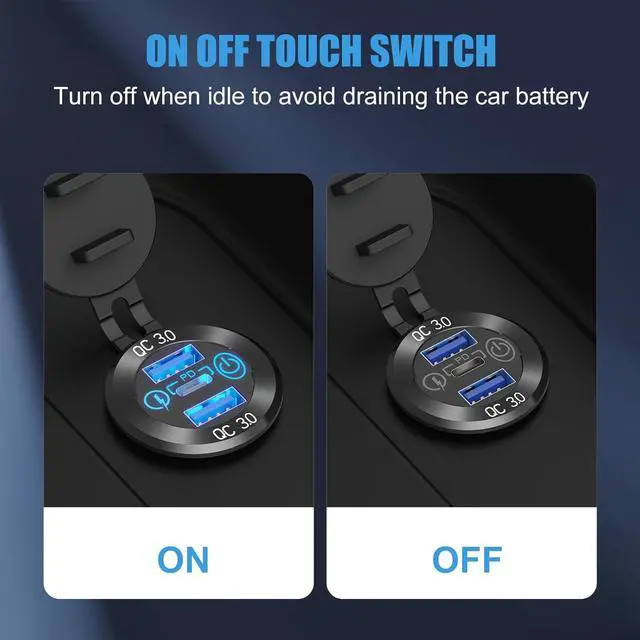 Alt view image 3 of 7 - 12V USB Aluminum Car Charger Socket PD 3.0 Type C and Dual Quick Charge 3.0 USB Port Multiple Waterproof 12V/24V USB Outlet with Touch Switch Fuse Wire Kit for Car Boat Marine RV Motorcycle, etc.