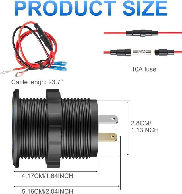 Alt view image 5 of 7 - 12V USB Aluminum Car Charger Socket PD 3.0 Type C and Dual Quick Charge 3.0 USB Port Multiple Waterproof 12V/24V USB Outlet with Touch Switch Fuse Wire Kit for Car Boat Marine RV Motorcycle, etc.