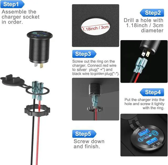 Alt view image 6 of 7 - 12V USB Aluminum Car Charger Socket PD 3.0 Type C and Dual Quick Charge 3.0 USB Port Multiple Waterproof 12V/24V USB Outlet with Touch Switch Fuse Wire Kit for Car Boat Marine RV Motorcycle, etc.