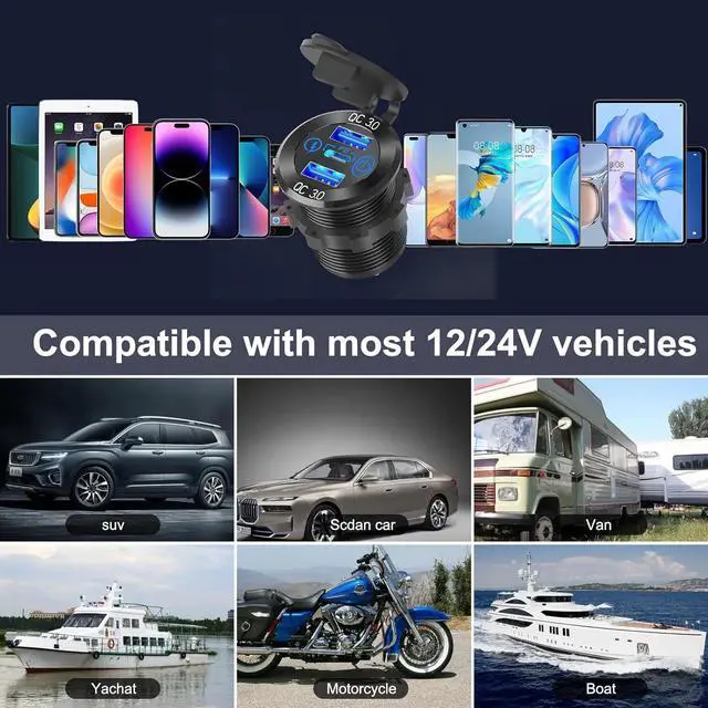 Alt view image 7 of 7 - 12V USB Aluminum Car Charger Socket PD 3.0 Type C and Dual Quick Charge 3.0 USB Port Multiple Waterproof 12V/24V USB Outlet with Touch Switch Fuse Wire Kit for Car Boat Marine RV Motorcycle, etc.