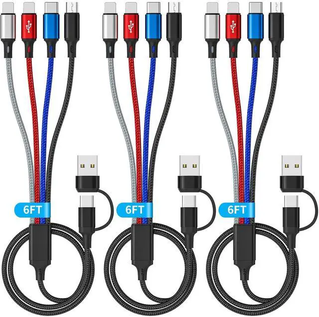 Main image of 4 in 2 Multi Charging Cable 3Pack 6FT Multiple Chargers for All Devices Nylon Braided USB A/C to 2*Lighting/Typc C/Micro USB Port Universal Multi USB Charger Cords for iPhone 16/15