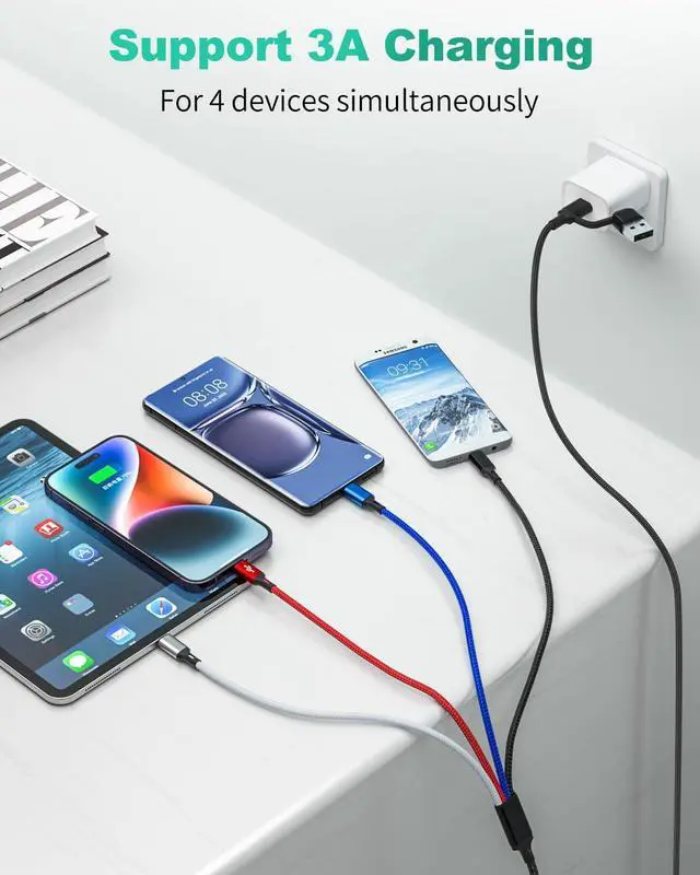 Alt view image 2 of 6 - 4 in 2 Multi Charging Cable 3Pack 6FT Multiple Chargers for All Devices Nylon Braided USB A/C to 2*Lighting/Typc C/Micro USB Port Universal Multi USB Charger Cords for iPhone 16/15