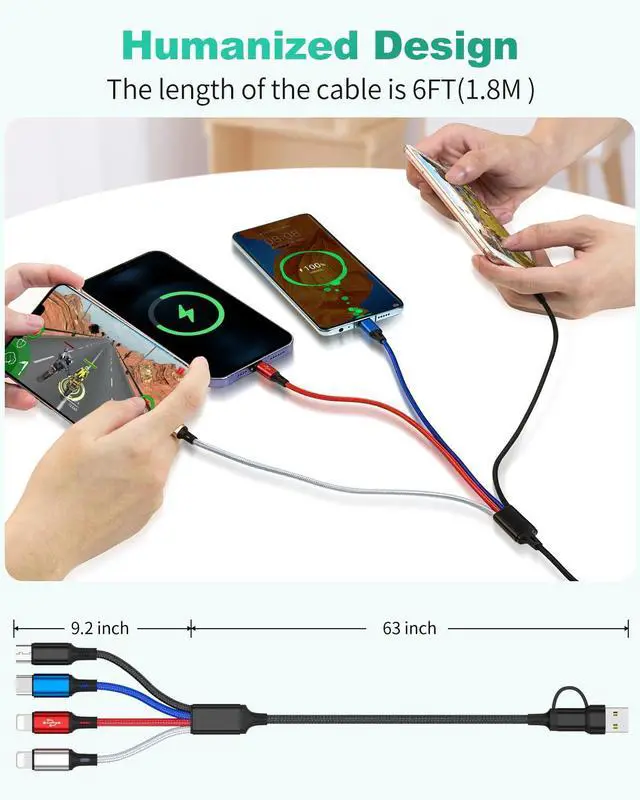 Alt view image 6 of 6 - 4 in 2 Multi Charging Cable 3Pack 6FT Multiple Chargers for All Devices Nylon Braided USB A/C to 2*Lighting/Typc C/Micro USB Port Universal Multi USB Charger Cords for iPhone 16/15