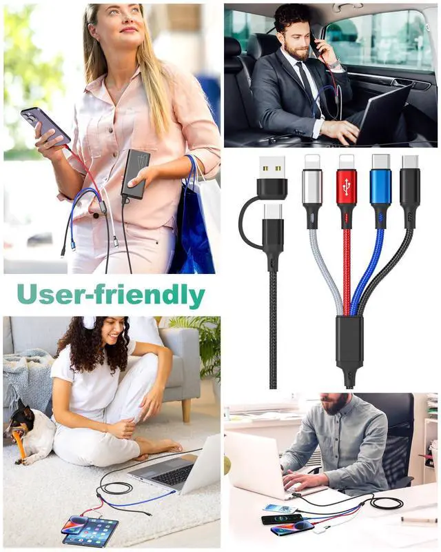 Alt view image 5 of 6 - 4 in 2 Multi Charging Cable 3Pack 6FT Multiple Chargers for All Devices Nylon Braided USB A/C to 2*Lighting/Typc C/Micro USB Port Universal Multi USB Charger Cords for iPhone 16/15