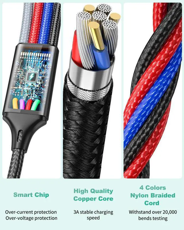 Alt view image 4 of 6 - 4 in 2 Multi Charging Cable 3Pack 6FT Multiple Chargers for All Devices Nylon Braided USB A/C to 2*Lighting/Typc C/Micro USB Port Universal Multi USB Charger Cords for iPhone 16/15