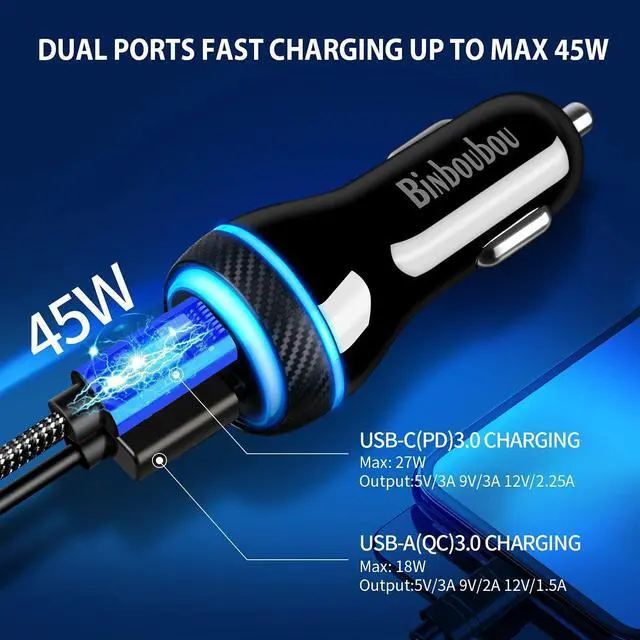 Alt view image 2 of 6 - Type C Super Fast Charger Car 45W, [PD/PPS+QC] Dual Fast Charging Car Cigarette Lighter Adapter Compatible with Samsung S25/S24/S23, iPhone 16/15 Pro Max, Pixel 9  4FT Type C Cord