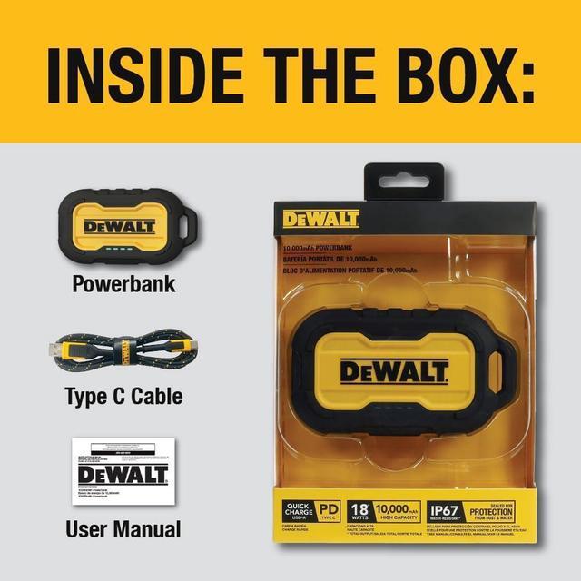 Alt view image 7 of 7 - DEWALT Portable Charger, Power Bank, 10,000 mAh Battery Pack with USB-C Port for iPhone 16/16 Plus/16 Pro/16 Pro Max, iPhone 15 Series, iPhone 14/13, Samsung Galaxy
