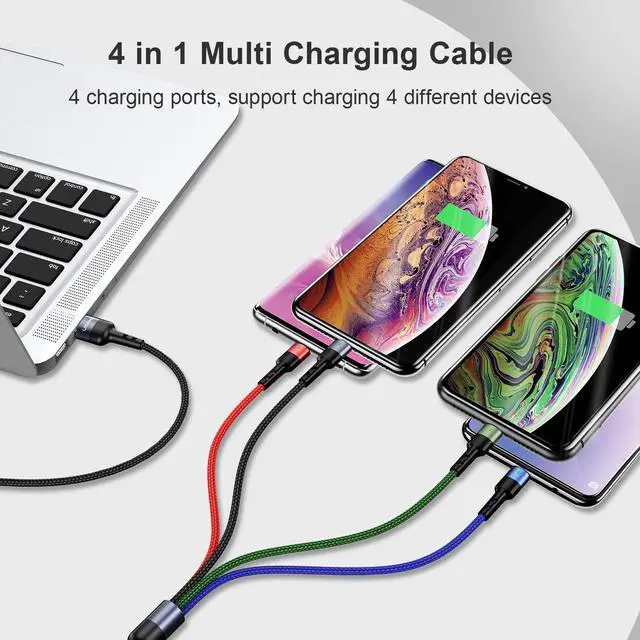 Alt view image 3 of 7 - 2Pack Multi Charging Cable USAMS Multiple Charger Cord Nylon Braided Short 4FT 4 in 1 USB Charge Cord with Phone/Type C/Micro USB Connector for Phone/Galaxy S20/S10S9/S8/S7 and More