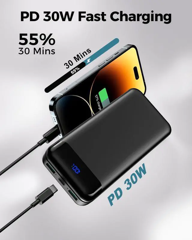 Alt view image 2 of 7 - Portable Charger Power Bank 40000mAh Powerbank PD 30W and QC 4.0 Fast Charging External Battery Pack with USB-C LED 3 Outputs & 2 Inputs Portable Charging for iPhone 15 14 13 pro