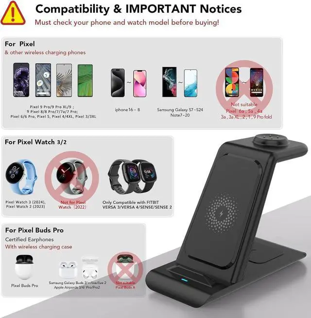 Alt view image 2 of 7 - HATALKIN Upgraded Pixel Watch 3/2 Charger,3 in 1 Pixel Charging Station for Google Pixel 9/8/7/XL,Pixel Buds Pro/2,Wireless Charger Stand for Multiple Devices with Adapter(Not for Pixel Watch 1)