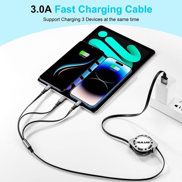 Alt view image 2 of 7 - RULUS Retractable Charger 3 in 1 [2Pack,4Ft], Retractable Charging Cable Universal Charger Cable with Lightning/Type C/Micro USB for iPhone,Samsung Galaxy,Tablets,Carplay