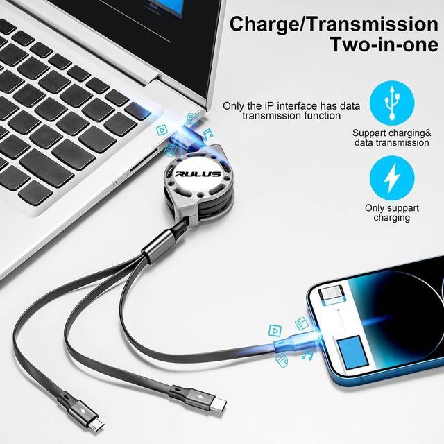 Alt view image 3 of 7 - RULUS Retractable Charger 3 in 1 [2Pack,4Ft], Retractable Charging Cable Universal Charger Cable with Lightning/Type C/Micro USB for iPhone,Samsung Galaxy,Tablets,Carplay