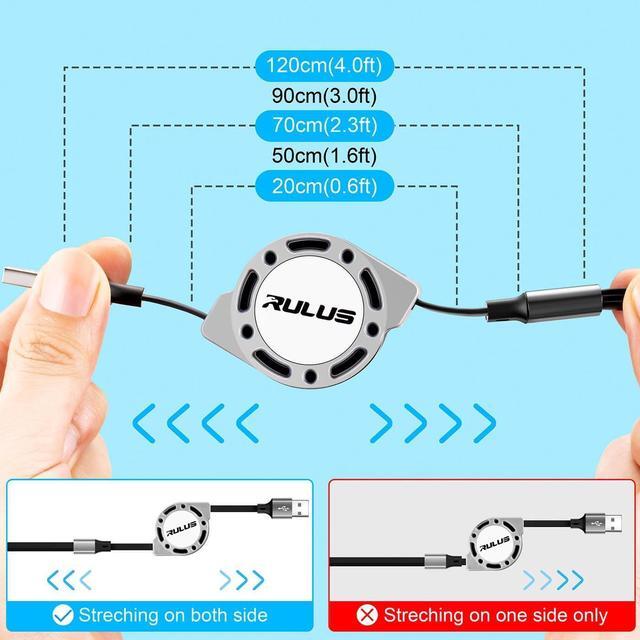 Alt view image 6 of 7 - RULUS Retractable Charger 3 in 1 [2Pack,4Ft], Retractable Charging Cable Universal Charger Cable with Lightning/Type C/Micro USB for iPhone,Samsung Galaxy,Tablets,Carplay