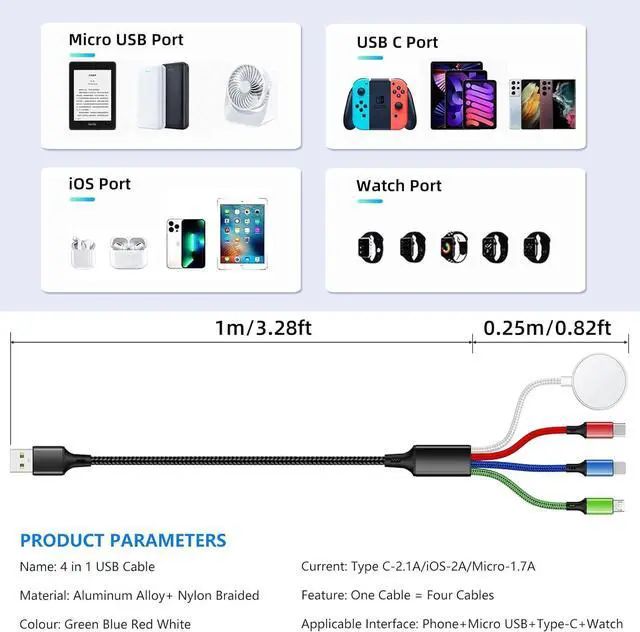Alt view image 5 of 6 - 2Pack 4 in 1 iWatch & iPhone Charger for Travel, Multi Charging Cable for Apple Watch Charger Wireless USB C Micro Compatible with iWatch Ultra/SE/10/9/8/7/6/5/4/3/iPhone 16/15/14 Galaxy Android(4FT)