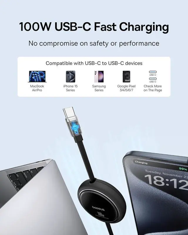 Alt view image 2 of 7 - Baseus USB C to USB C Cable, 100W Retractable USB C 5A Fast Charging Cable, 4-Stage Length Preset USB Type C Charger Cord for iPhone 17 16 Pro Plus Pro Max, MacBook, iPad, Samsung S24/S23+ (3.3ft)