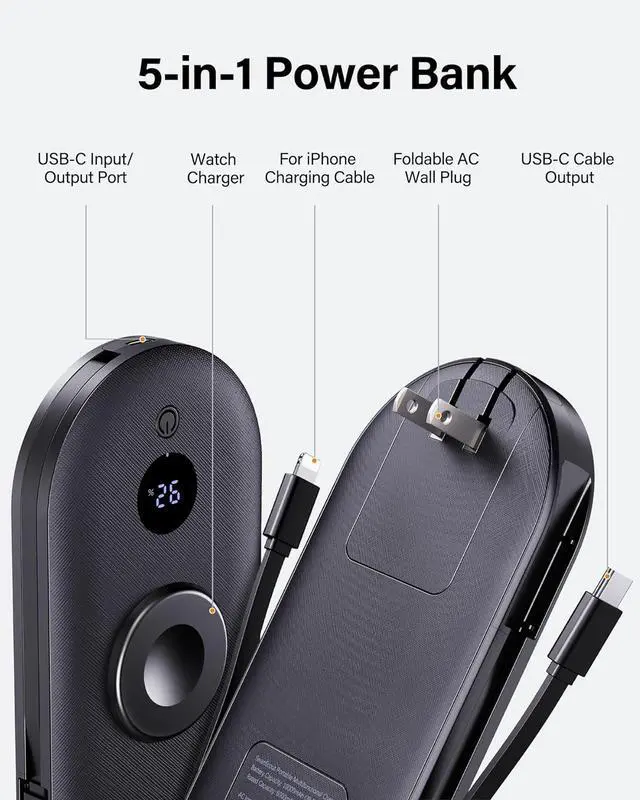 Alt view image 2 of 4 - 10000mAh Power Bank for iPhone, Portable Charger for Apple Watch, for AirPods, iPad, Beats Studio Pro and More Phones, Tablets, Headphones, Built-in AC Wall Plug and Cables