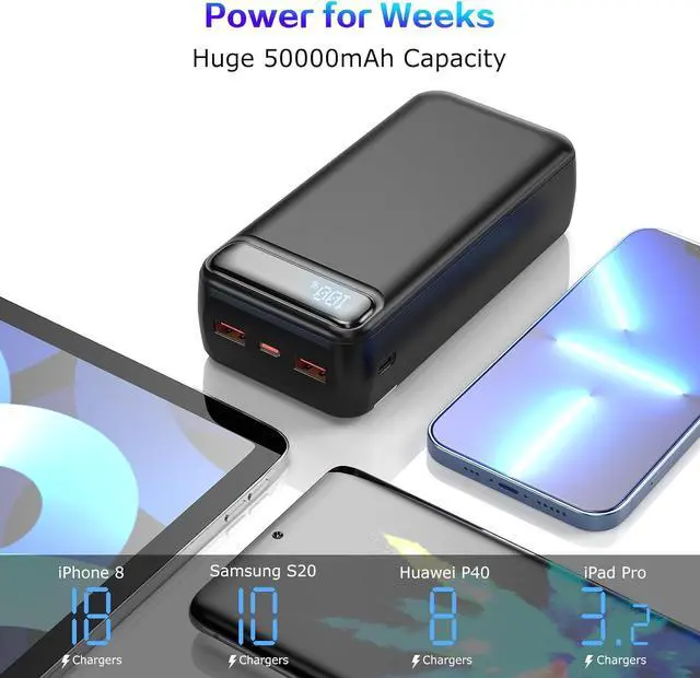 Alt view image 2 of 7 - Power Bank 50000mAh 22.5W Fast Charging Portable Charger with Flashlight, 3 Outputs & 2 Inputs Huge Capacity External Battery Pack for iPhone, Samsung, iPad etc