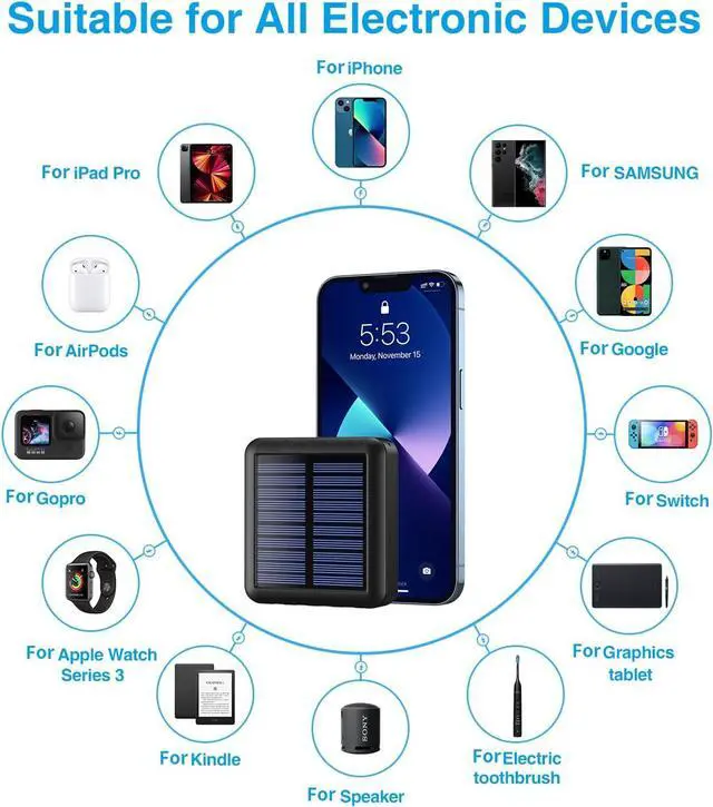 Alt view image 4 of 7 - Solar Power Bank 12000mAh Small Solar Charger Built in 4 Cables USB C Input/Output Dual Flashlight External Battery Portable Charger Power Bank for iPhone Tablet