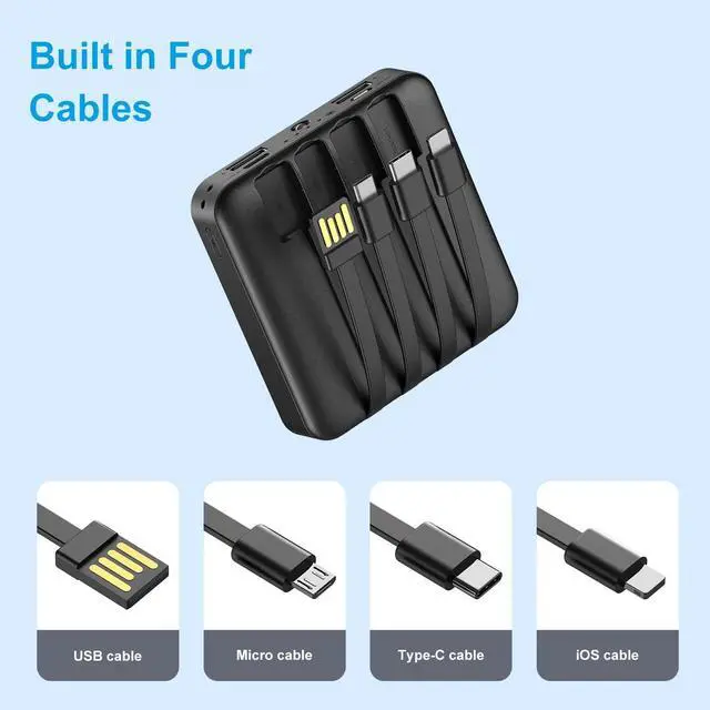 Alt view image 3 of 7 - Solar Power Bank 12000mAh Small Solar Charger Built in 4 Cables USB C Input/Output Dual Flashlight External Battery Portable Charger Power Bank for iPhone Tablet