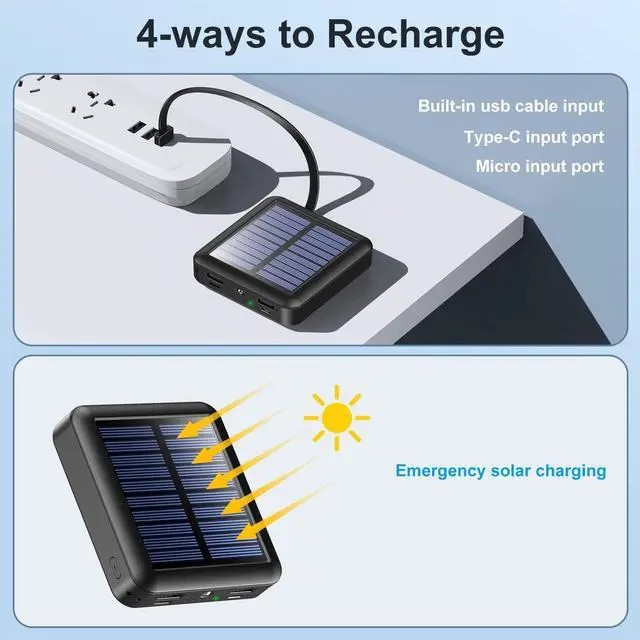 Alt view image 6 of 7 - Solar Power Bank 12000mAh Small Solar Charger Built in 4 Cables USB C Input/Output Dual Flashlight External Battery Portable Charger Power Bank for iPhone Tablet