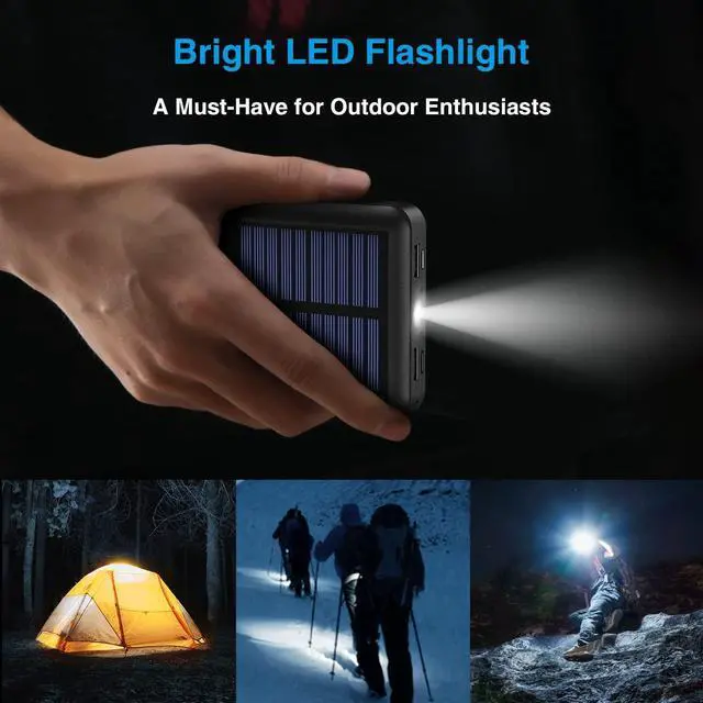 Alt view image 7 of 7 - Solar Power Bank 12000mAh Small Solar Charger Built in 4 Cables USB C Input/Output Dual Flashlight External Battery Portable Charger Power Bank for iPhone Tablet