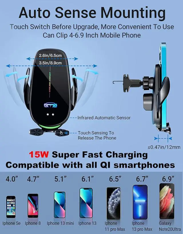 Alt view image 4 of 7 - Wireless Car Charger Mount, Fast Charging Auto Clamping 15W Intelligent Dual Control Induction Car Phone Holder Mount Wireless Charging Compatible with All iPhone Android Smartphone