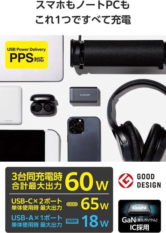 Alt view image 2 of 7 - ELECOM 65W USB C Wall Charger Block, 3 Multi Port GaN II Plus Fast Charging, Compact Power Adapter for Multiple Devices, iPhone, Laptop, Tablet, iPad, Airpods, Watch, Speakers, Samsung (Black)