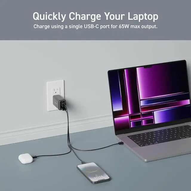 Alt view image 3 of 7 - ELECOM 65W USB C Wall Charger Block, 3 Multi Port GaN II Plus Fast Charging, Compact Power Adapter for Multiple Devices, iPhone, Laptop, Tablet, iPad, Airpods, Watch, Speakers, Samsung (Black)