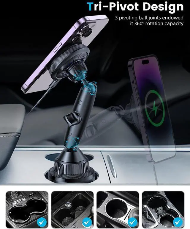 Alt view image 7 of 7 - APPS2Car for Magsafe Car Mount Charger Tri-Pivot Magnetic Wireless Cup Holder Phone Mount for Car Truck with Cooling Fan Fast Charging for iPhone 15 14 13 12 Series Magsafe Case [with Car Adapter]