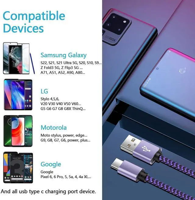 Alt view image 4 of 7 - 5Pack 6ft USB A to Type C Charger Cable Fast Charging Cord for Samsung Galaxy S24 A55 A35 A15 A14 A54 A53 A23 A13 A03s 5G A73 A02s A12 A20 A21 A30 A32 A42 A52 A50 A51 A10e A60 A70 A71, Z Fold5/4/3/2