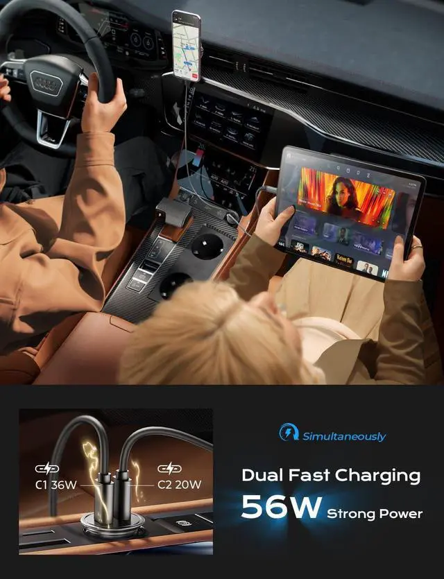 Alt view image 4 of 7 - AINOPE USB C Car Charger for iPhone 15, Smallest 56W Car Charger Adapter Fast Charginig, PD 3.0 Dual USB Compatible with iPhone 15 Pro Max Plus/14/13 Pro/12 Pro/12 Mini, Galaxy, iPad Pro