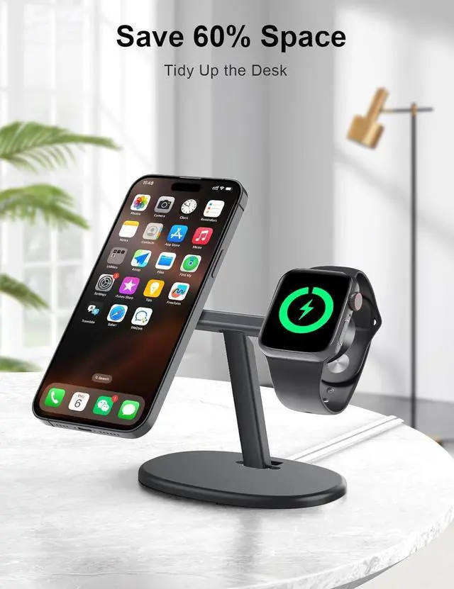 Alt view image 2 of 7 - EWA 2-in-1 MagSafe Charging Stand for iPhone 16/15/14/13/12 & Apple Watch Series, SE, Ultra | Ergonomic Viewing Angle, Non-Slip Base, Universal Compatibility (Chargers Not Included) - Black