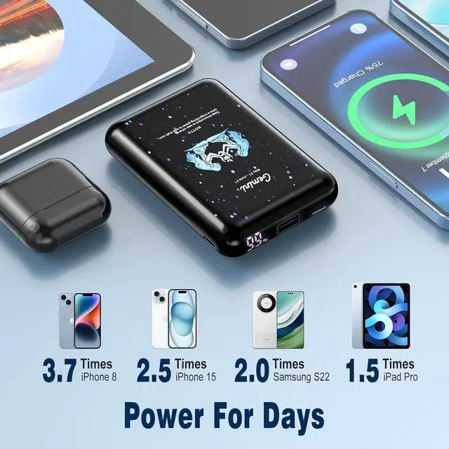 Alt view image 3 of 7 - Mini Power Bank 10000mAh,Small Portable Charger USB C in/Output 22.5W Fast Charging,Best Gift for Various Festivals - Constellation Battery Pack for iPhone Samsung iPad Tablet(Gemini)