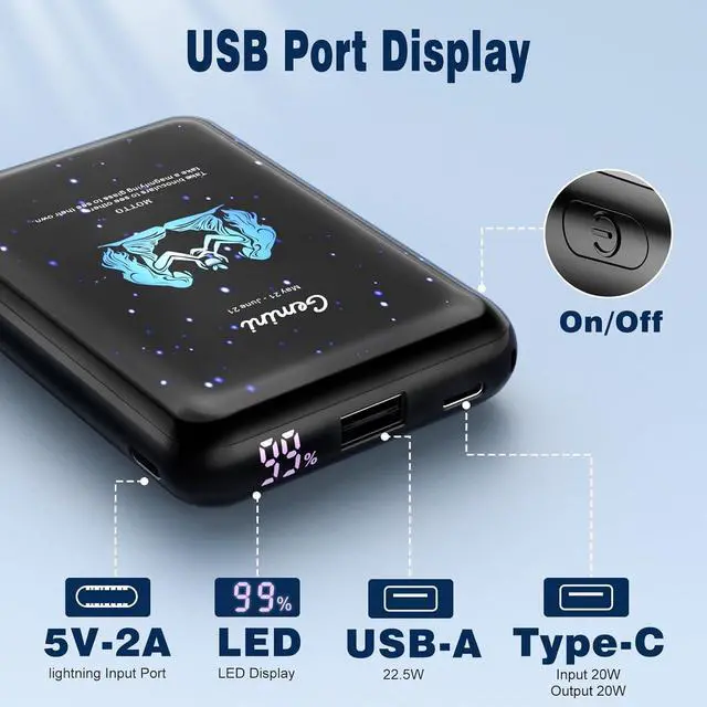 Alt view image 6 of 7 - Mini Power Bank 10000mAh,Small Portable Charger USB C in/Output 22.5W Fast Charging,Best Gift for Various Festivals - Constellation Battery Pack for iPhone Samsung iPad Tablet(Gemini)