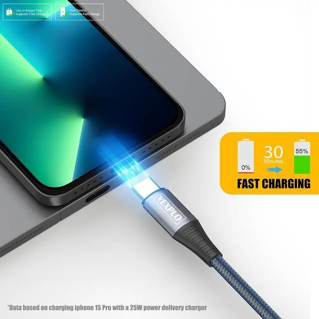 Alt view image 3 of 7 - USB C to USB C Cable 10ft 6ft 3ft 5 Packs Fast Charger Cord Type C to Type C Cable Blue Braided 60W Usbc to Usbc Cable for Samsung S24/23/22 Phone 15 Pro Plus Max