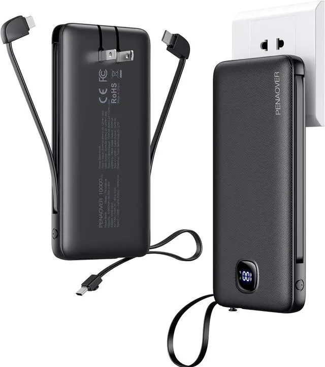 Main image of Portable Charger with Built-in Cables&AC Wall Plug,Slim 10000mAh 22.5W Fast Charging Power Bank,5 Output 2 Input USB-C External Battery Pack Compatible with iPhones,Samsung,Android, etc