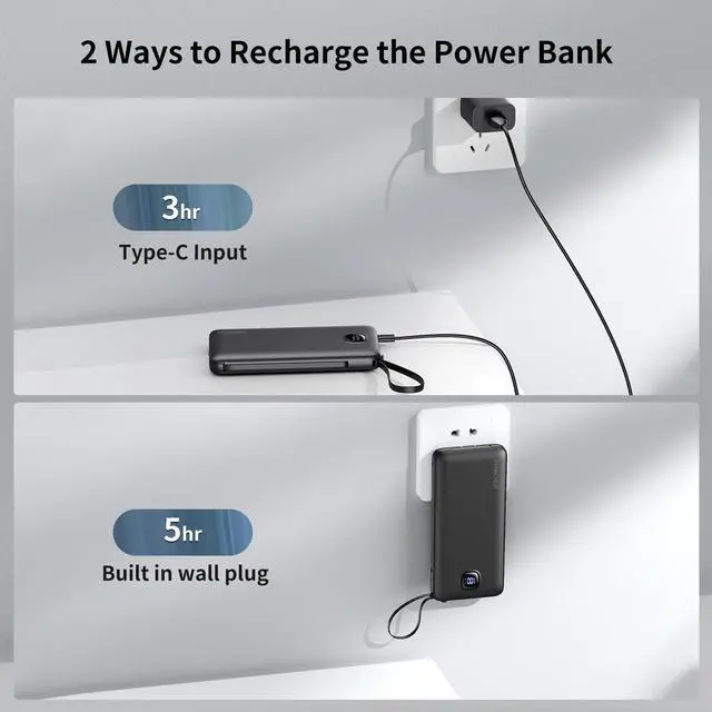 Alt view image 4 of 6 - Portable Charger with Built-in Cables&AC Wall Plug,Slim 10000mAh 22.5W Fast Charging Power Bank,5 Output 2 Input USB-C External Battery Pack Compatible with iPhones,Samsung,Android, etc