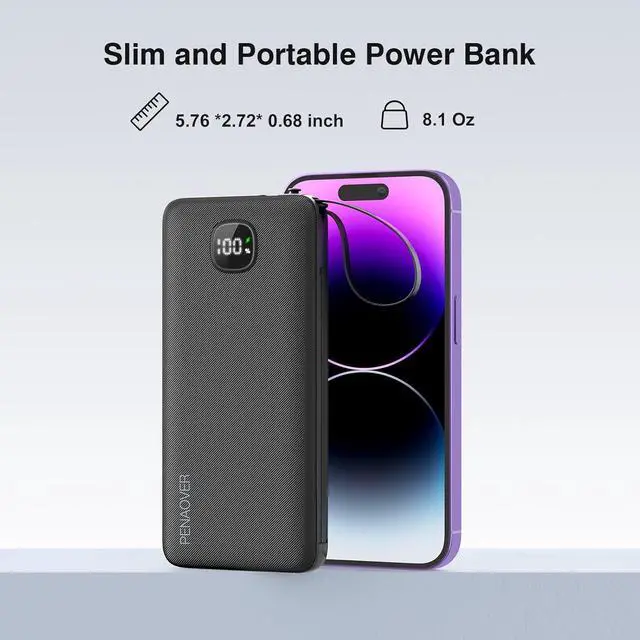 Alt view image 6 of 6 - Portable Charger with Built-in Cables&AC Wall Plug,Slim 10000mAh 22.5W Fast Charging Power Bank,5 Output 2 Input USB-C External Battery Pack Compatible with iPhones,Samsung,Android, etc