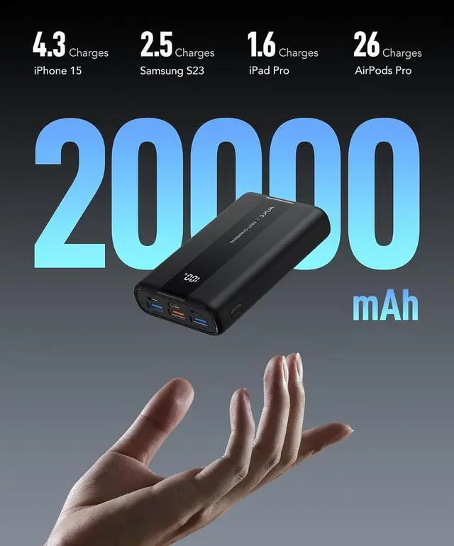 Alt view image 2 of 7 - VRURC Portable Charger, 20000mAh Small Power Bank,22.5W Fast Charging Battery Pack USB C,Travel External Battery with 4 Outputs Compatible iPhone 16 15 14 13,Samsung,Android,etc-Black