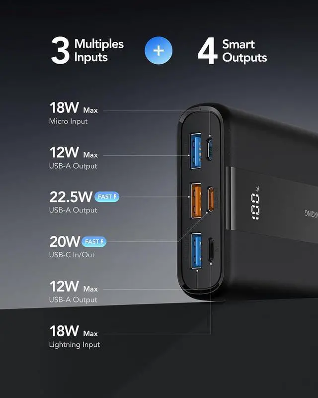 Alt view image 4 of 7 - VRURC Portable Charger, 20000mAh Small Power Bank,22.5W Fast Charging Battery Pack USB C,Travel External Battery with 4 Outputs Compatible iPhone 16 15 14 13,Samsung,Android,etc-Black